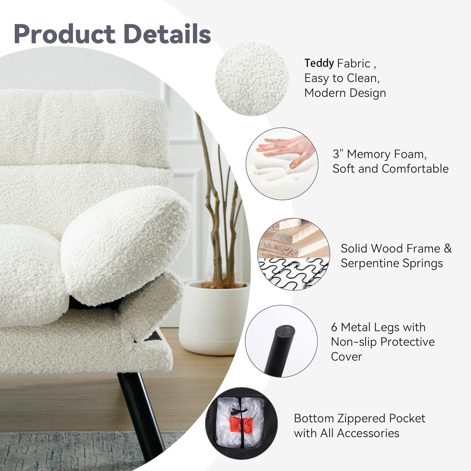 White Convertible Futon Sofa Bed, Memory Foam Foldable Couch, Teddy Loveseat Sleeper Daybed with Adjustable Armrests for Small Space, Bedroom, Office, Apartment, Living Room (White)