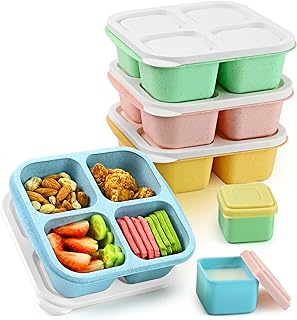 Lunchable Snack Containers - 4 Compartments Bento Snack Boxes (4 Pack) with 2 Leakproof Sauce Cups, Reusable Divided Food Containers for School, Work, Travel (Vintage Colors)