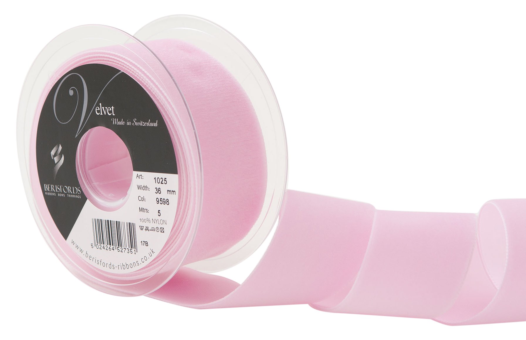 Berisfords Velvet Ribbon, Baby Pink, 102 x 45 x 102 cm, 10.2 x 4.5 x 10.2 cm