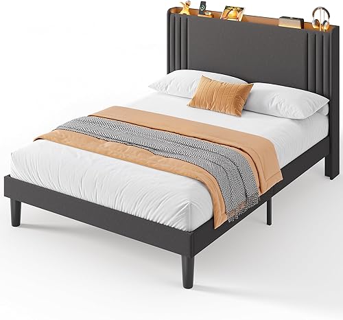Miniatura 33 de Gizoon Base de cama Queen con cabecera de ala, plataforma tapizada con cabecera geométrica moderna, listones de madera, sin ruido, no necesita