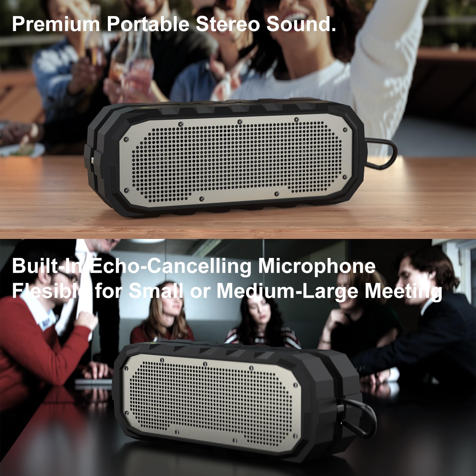 Altoparlante Bluetooth wireless, impermeabile, per esterni, microfono integrato, altoparlanti portatili per conferenze, TWS, AUX, accoppiamento USB per videoconferenze, casa, campeggio (nero)