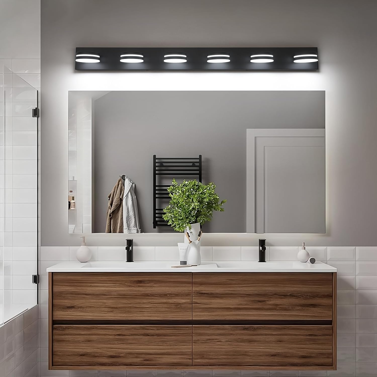 6-Light Bathroom Vanity Light Over Mirror, Matte Black LED Vanity Lighting Fixtures, Modern Bathroom Wall Light Fixtures with 360°Rotating Lamp Head (Cool White 5500K) (Black, 47Inch)