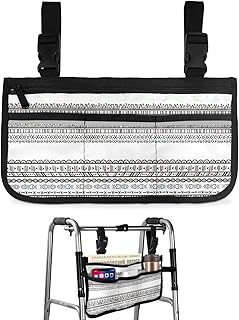 Boho Ethnic Tribe Wheelchair Side Bag Walker Bag, Black and White Geometric Wheelchair Accessories Armrest Pouch, Organizer Storage Bag for Walkers, Rollators, Scooters, 7.3'x13'