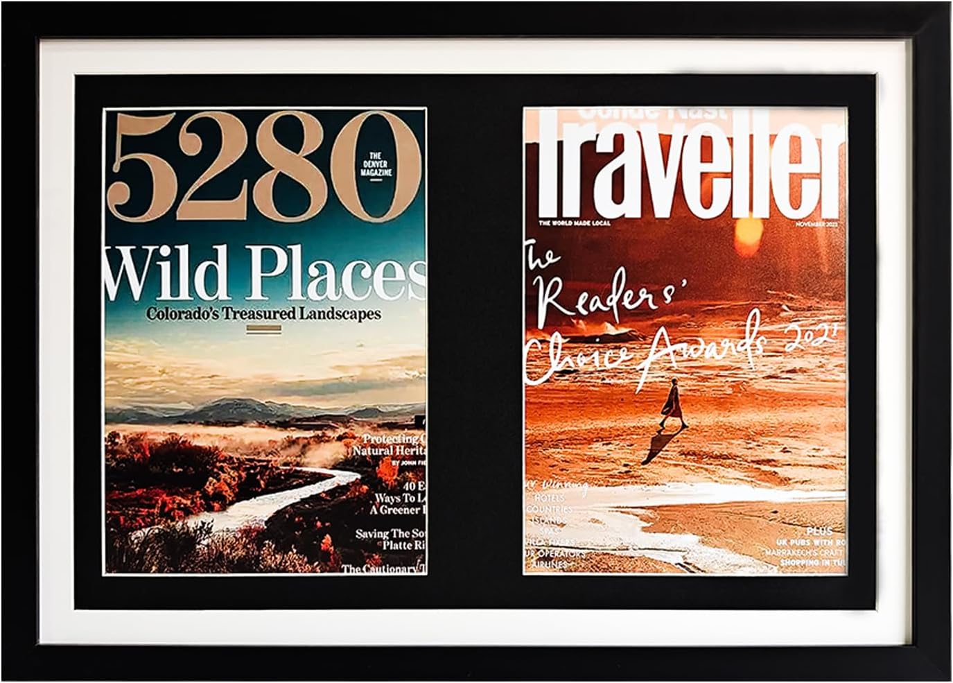 Comic Book Display Case,Black wood Double Magazine Frame, book display,Sports Magazine Frame Displays for 8.5 x 11.25 ”magazines or 8X 12 ”comic books,14.8X20.7 ” photo frame,with Black/White Mat.