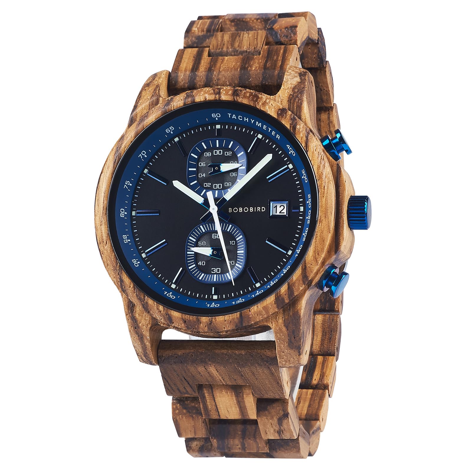 BOBO BIRD Orologio in legno per uomo e donna, ultra leggero, 50 g, lancette luminose, cronografo, data, casual, regalo aziendale
