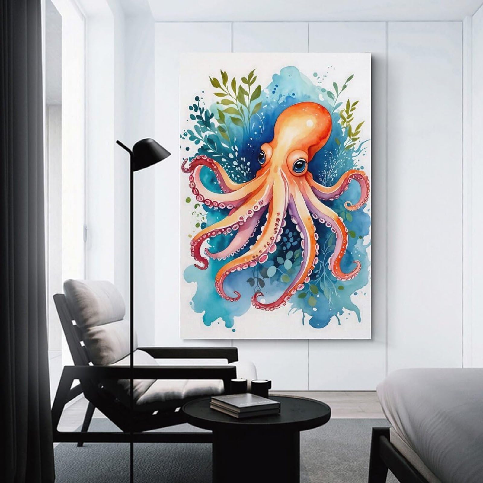 Junmoney Unframe-Style-5 Home Decor Wall Art Octopus Watercolor, 24X36inch(60X90cm), For Bedroom Decor, Cosy Corners Or Studios, Decorative Wall Art For Cosy Rooms