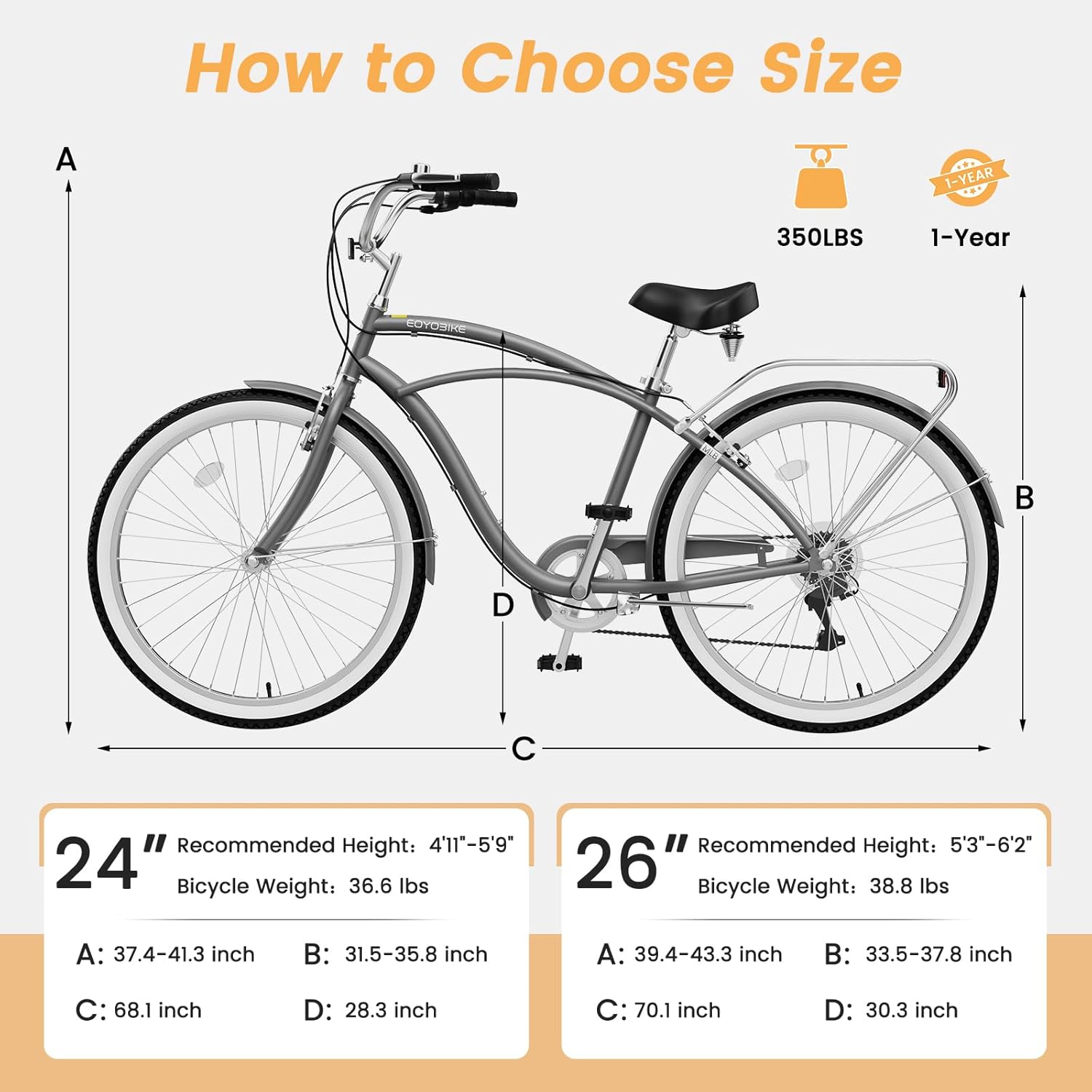 MOONCOOL Beach Cruiser Bike for Women and Men, 24/26 Inch 7-Speed Adult Bicycle, Comfortable Step-Through Frame with Rear Rack, Classic City Cruiser