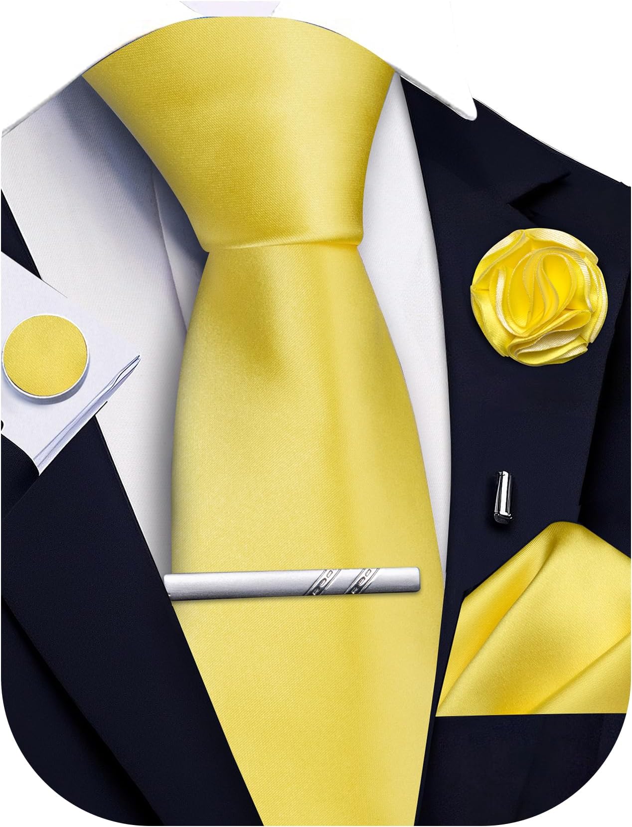 Solid Color Ties for Men Silk Satin Necktie and Pocket Square Cufflinks Tie Clip Lapel Pin Set Wedding Business 5PCS