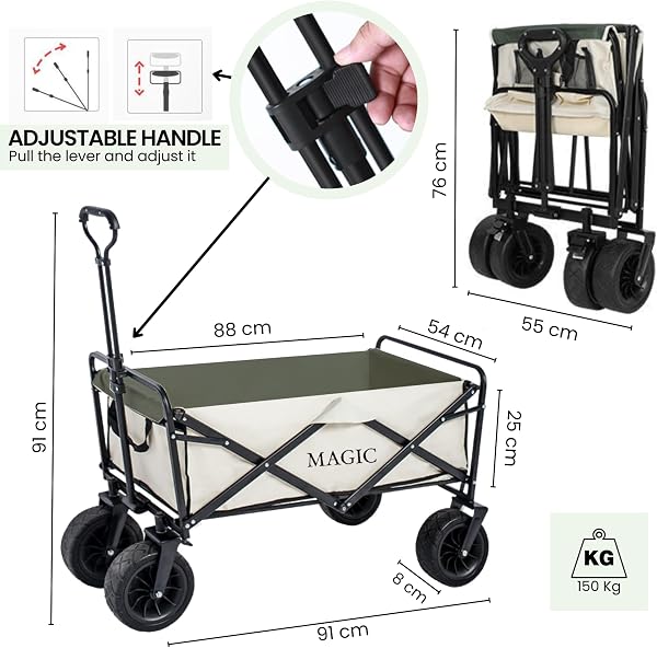 𝗖𝗮𝗿𝗿𝗼 𝗱𝗲 𝗣𝗹𝗮𝘆𝗮 Plegable para Camping, Picnic, etc. Carrito de Mano para Jardín. Carreta de Transporte con Bolsa y Mango Ajustable. Carretilla con Ruedas Grandes con Freno Resistentes. - 4