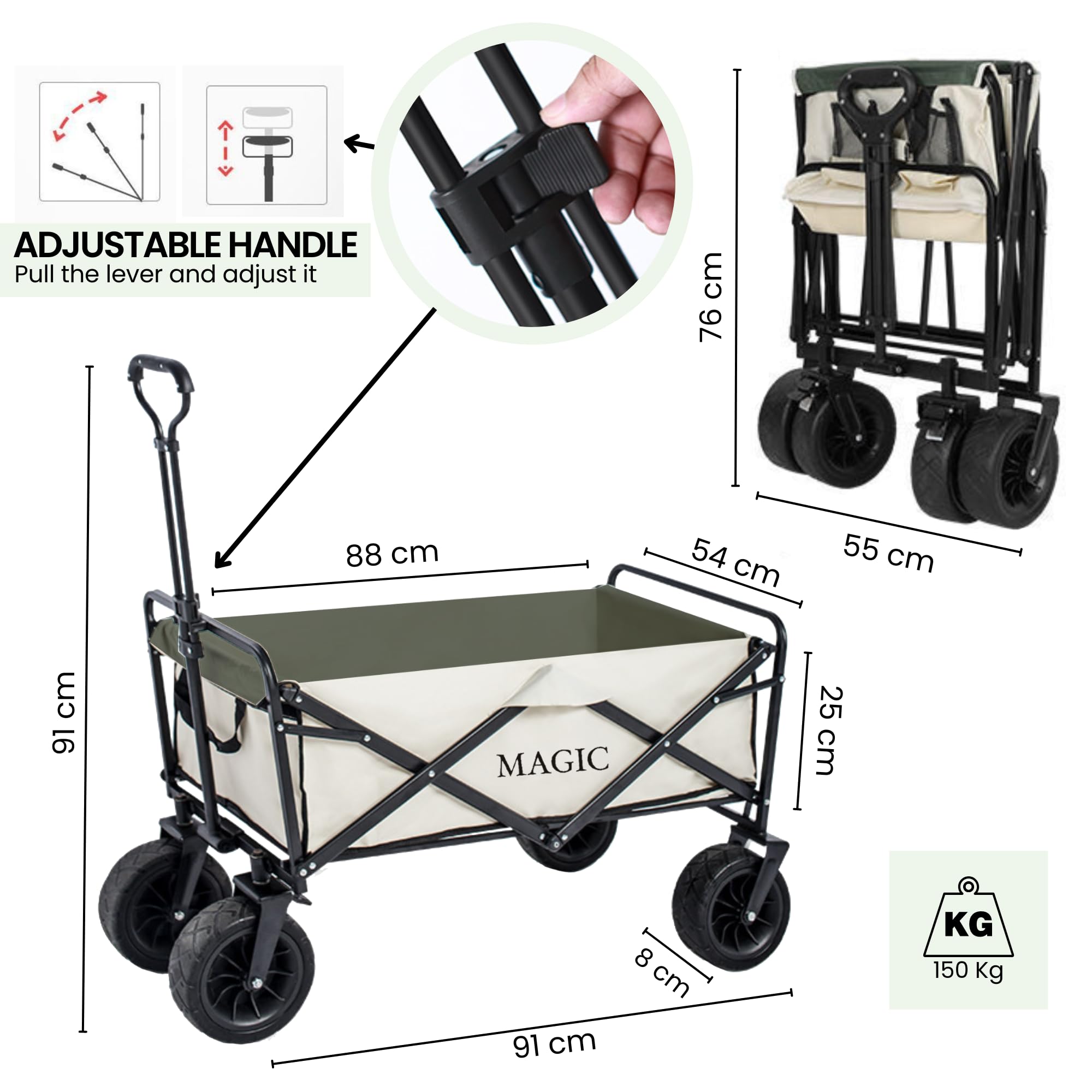 𝗖𝗮𝗿𝗿𝗼 𝗱𝗲 𝗣𝗹𝗮𝘆𝗮 Plegable para Camping, Picnic, etc. Carrito de Mano para Jardín. Carreta de Transporte con Bolsa y Mango Ajustable. Carretilla con Ruedas Grandes con Freno Resistentes. — view 4
