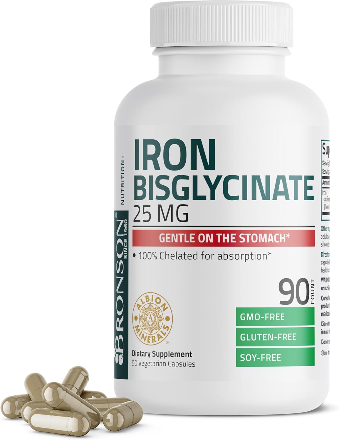 Bronson Iron Bisglycinate 25 mg Gentle on The Stomach, Supports Energy & Healthy Red Blood Cell Production – Non-Constipating Formula – Non GMO, 90 Vegetarian Capsules