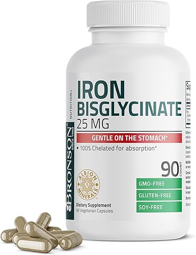 Bronson Bisglicinato de Hierro 25 mg Suave para el Estómago, Apoya la Energía y la Producción Saludable de Glóbulos Rojos - Fórmula sin