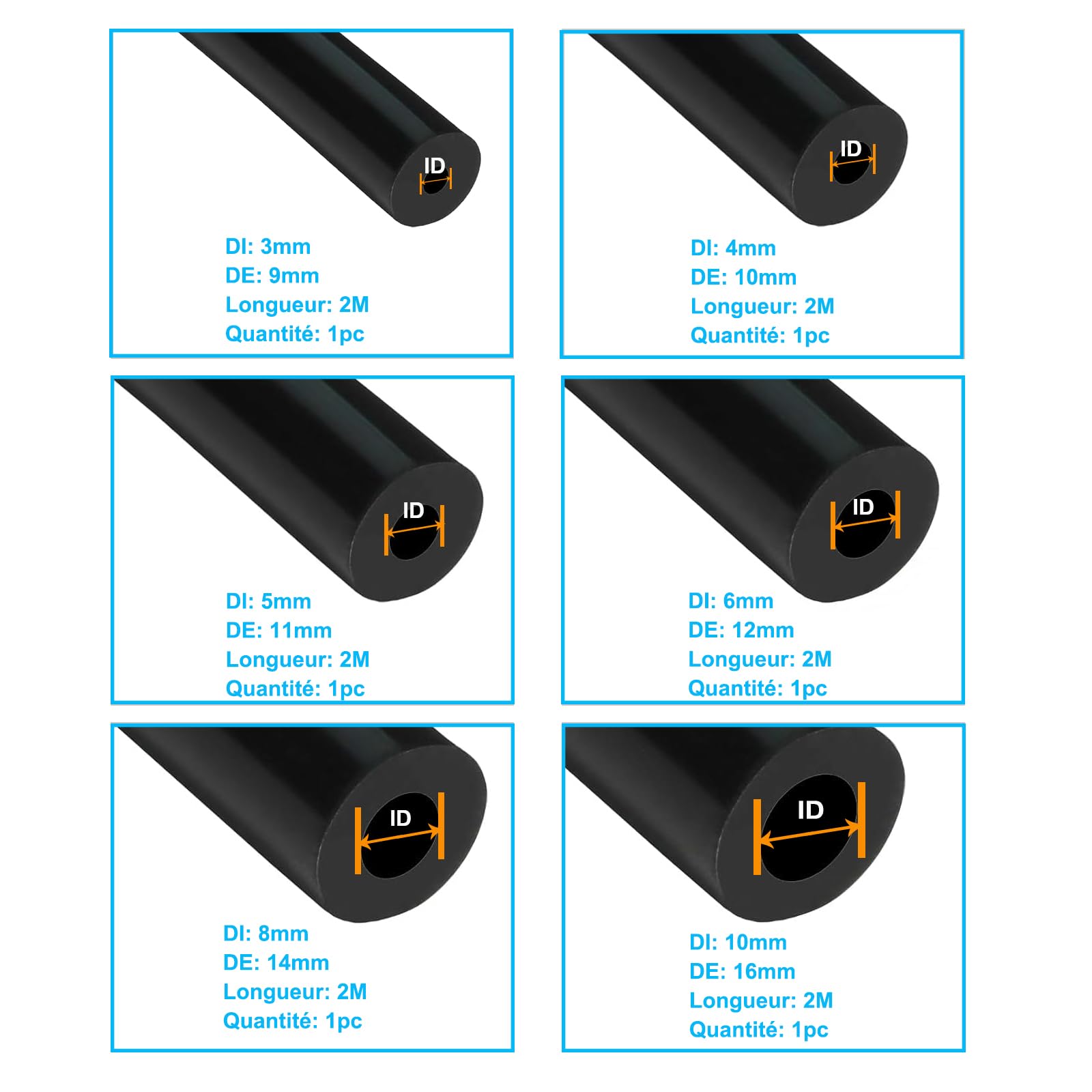 Tuyau en Silicone pour Vide 2M 6 Pièces Avec Connecteurs Nylon 12 Tailles 122PCS, Diamètre Intérieur 3/4/5/6/8/10mm Haute Performance 130PSI Kit de Tuyauterie pour Moteur Automobile, Air et Eau Noir