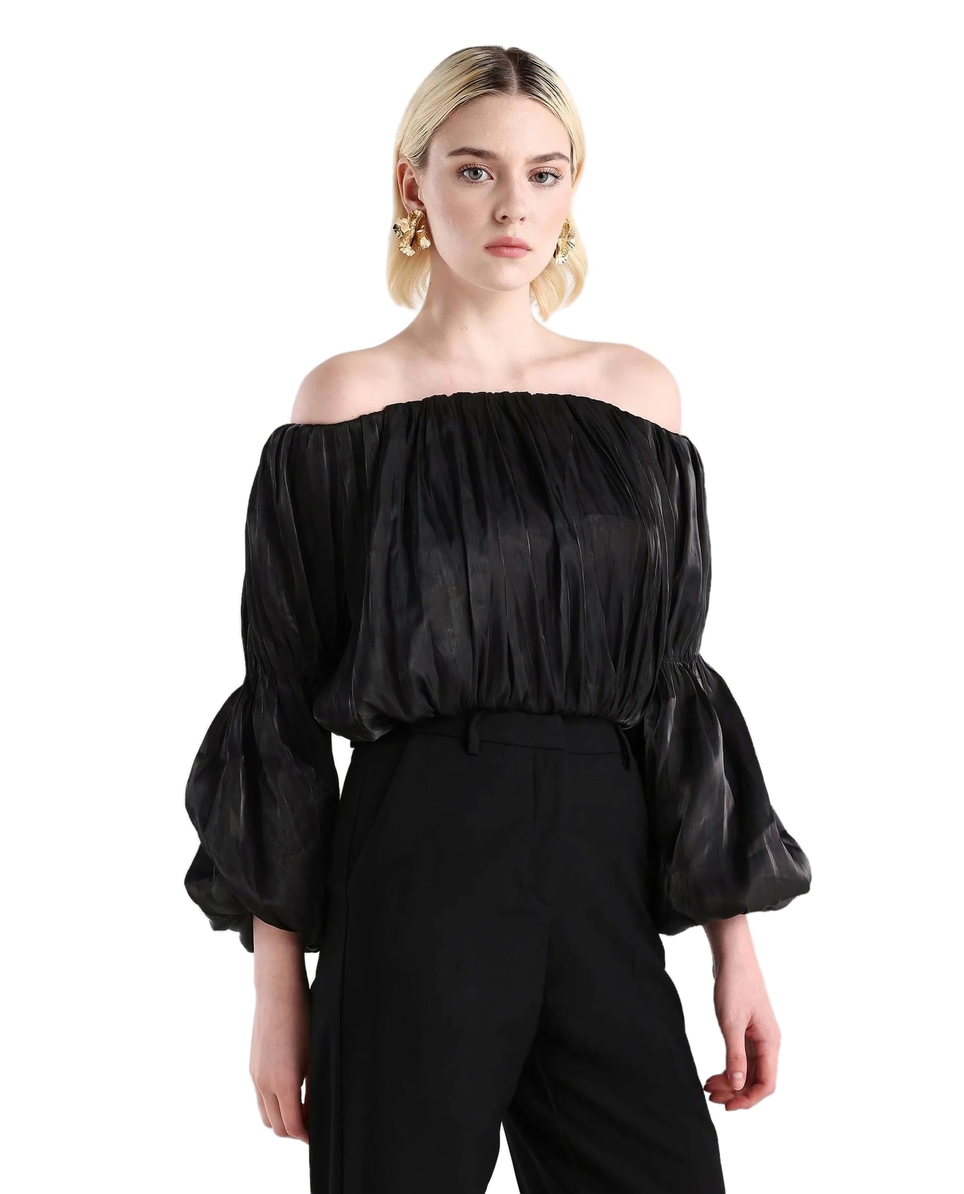 rareism Regular Solid Metallic Black Polyester Off-Shoulder Long Sleeve Top-picture-10