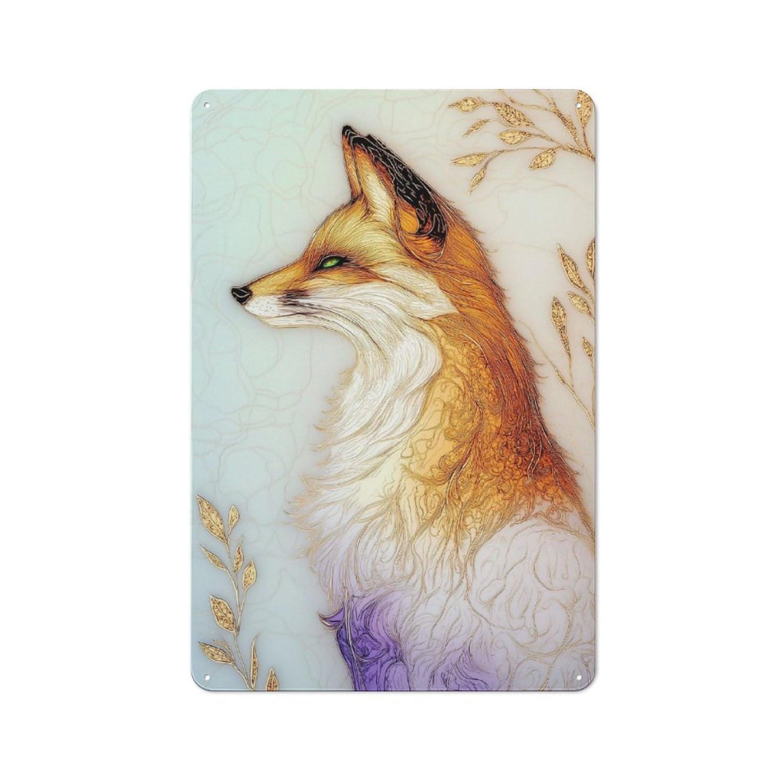 Junmoney Style-18 Elegant Fox Portrait With Golden Accents Metal Wall Art Sign 30X20cm, Vintage Old Style Wall Plaque For Living Room, Hallway, Kitchen Or Cafe