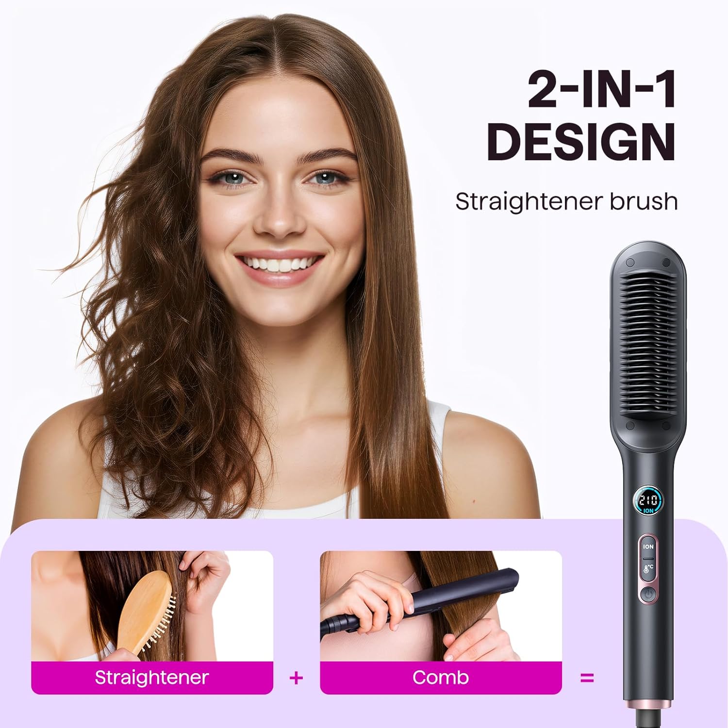 Wavytalk Hair Straightener Brush, Sleek Sweep Ionic Straightening Brush, Anti-Scald Ceramic Straightener Comb with LED Display for Super Smooth Hair, Dual Voltage, Rose Gold.