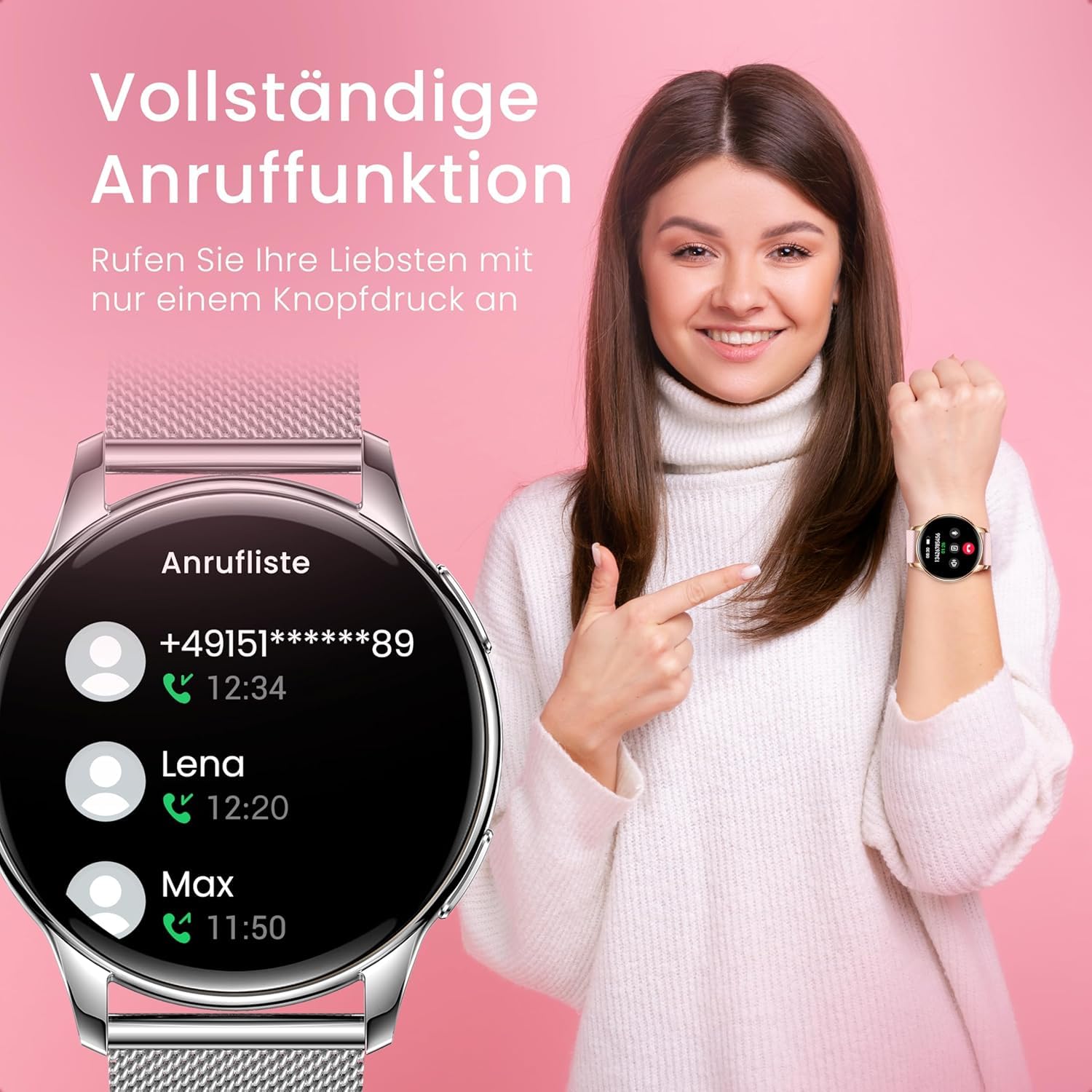 Maoo Ventura Smartwatch Damen 1,32 Zoll AMOLED Display Herzfrequenzmesser SPO₂ Blutdruckmesser IP67 wasserdicht 5 Armbänder Silber