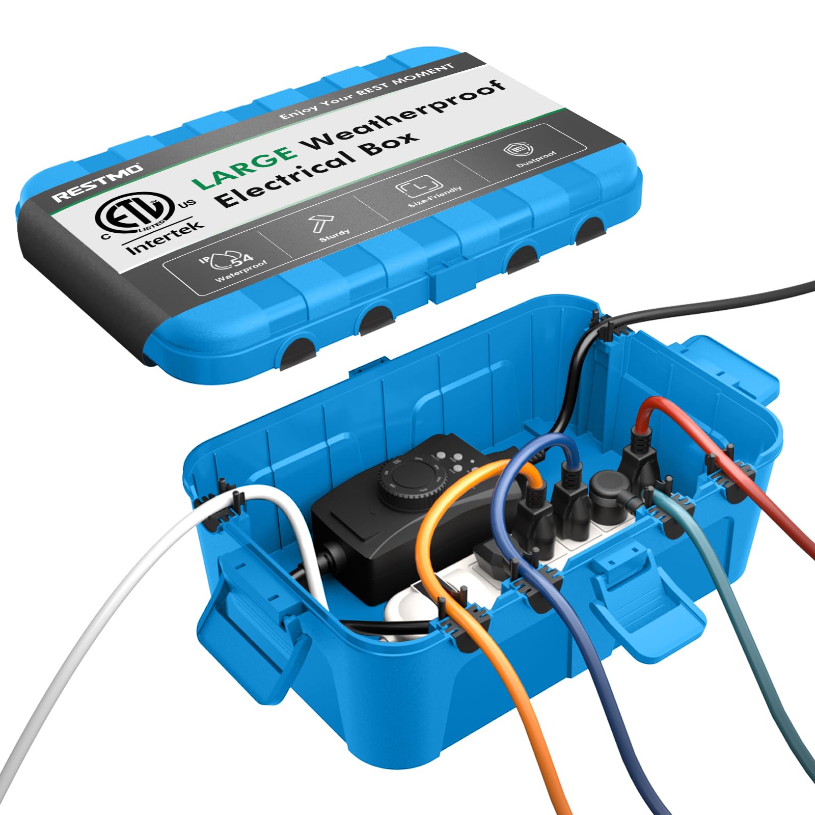 RESTMO Extra Large Waterproof Electrical Box (12.6×8.7×5.1 in), IP54 Weatherproof Outdoor Extension Lead Cover, Protect Outlet, Plug, Socket, Timer, Power Strip, Holiday Light Decoration, Blue — image 1