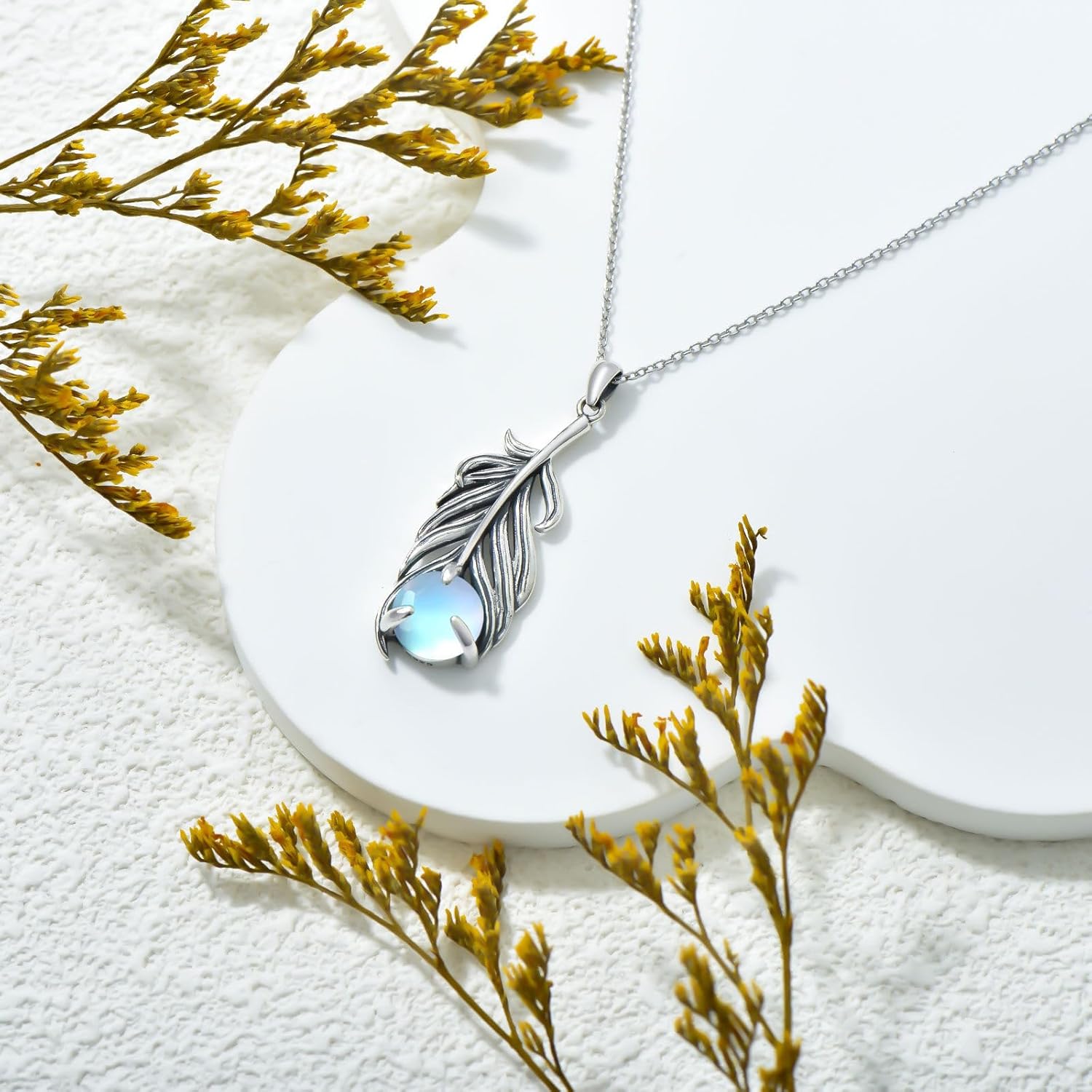 Moonstone Feather Necklace for Women 925 Sterling Silver Feather Pendant Moonstone Jewelry Gifts for Wife Mom - Image 5