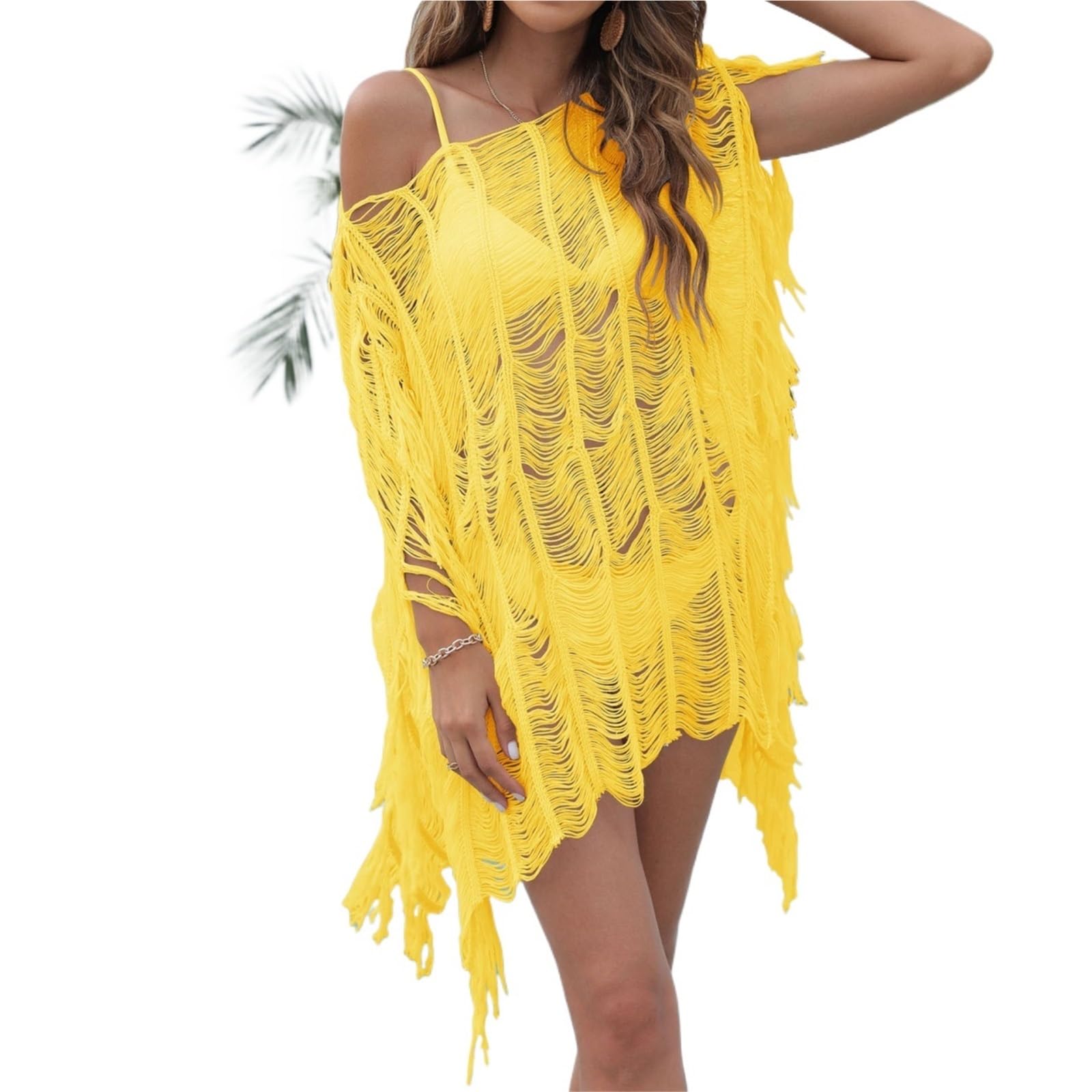 Sleeveless Cover Up Dress For Women Mesh Bathing Suit Cover Ups Hollow Tunic Beach Dress Diseñados para Las Vacaciones, La Playa y La Pisci(Yellow)