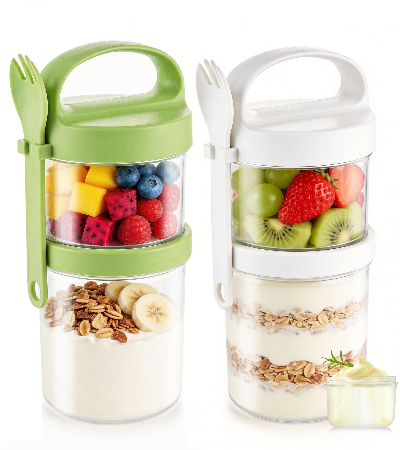 Ugotit Müslibecher to Go, Joghurtbecher to Go mit Löffel & kleinem Soßenbecher, 360ml+560ml Müsli to go Becher, Joghurt to Go Becher für Overnight Oats, Arbeit, Schule, Fitness, Picknick (2 Stück)