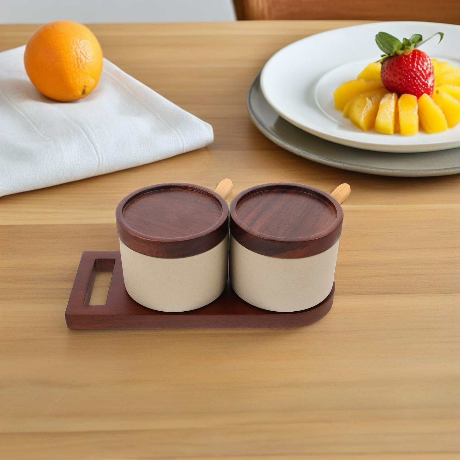 Artibetter Juego de Botes para Especias de Cerámica con Tapa de Madera y Cuchara, Adecuado para Cocina y Café, Diseño Minimalista y Funcional para Condimentar Fácilmente