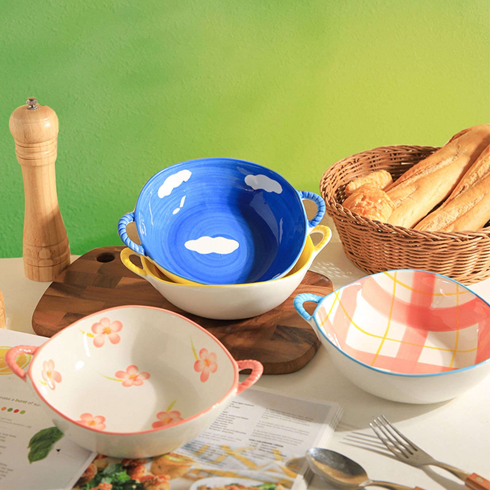 Miska do sałatek, miski do zupy, ceramiczna miska z uchwytem, ceramiczna miska ramen, miseczki pho, duża miska do zupy, nadaje się do kuchenki mikrofalowej, miska na makaron Udon - różowa krata, 24 x