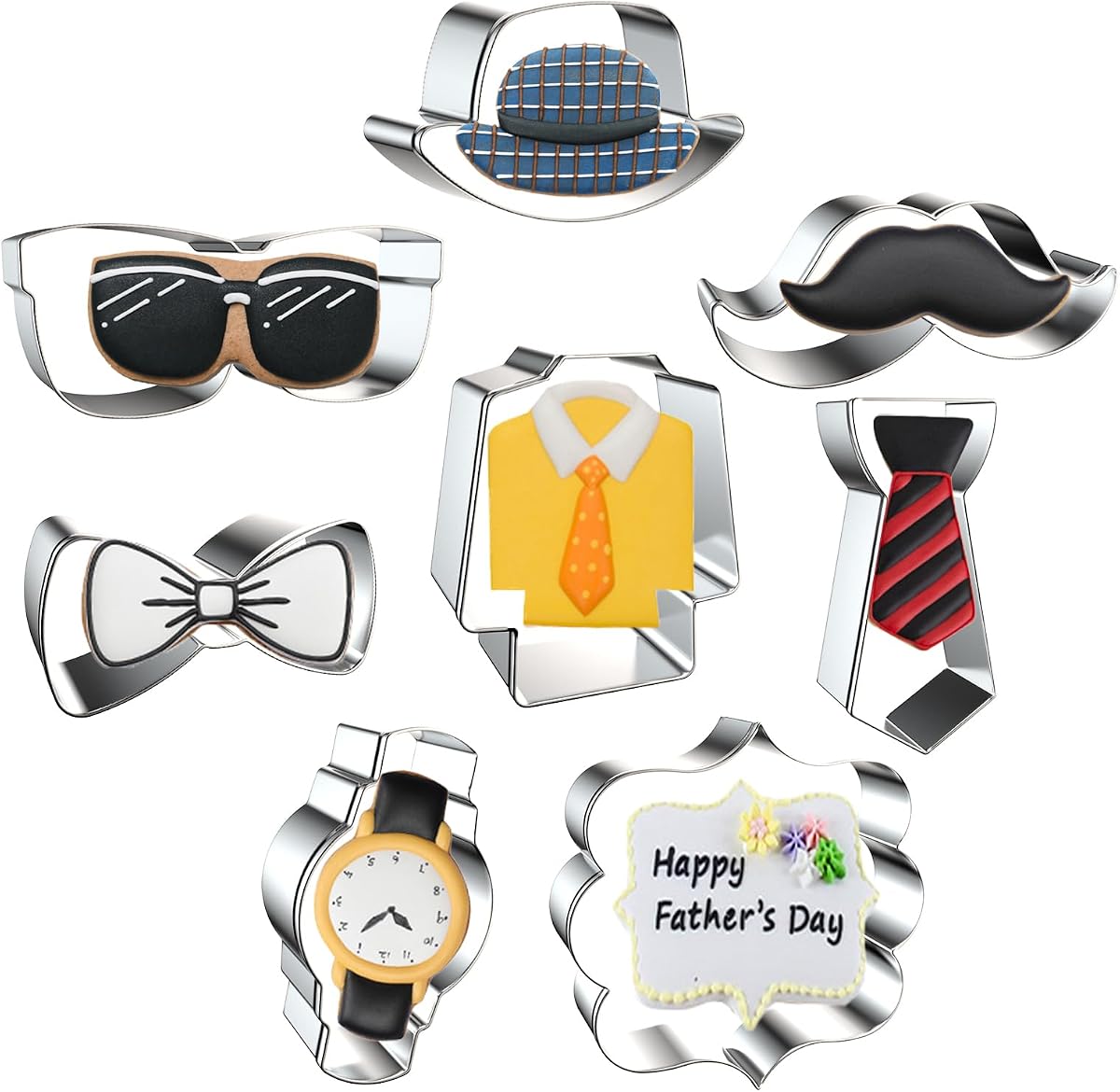 Father's Day Cookie Cutter Set 8-Piece Bow Tie, Mustache, Necktie, Formal Hat, Blazer, Glasses/Sunglasses, Watch and Plaque Frame Shapes Molds Personalized Gift for Men DAD Father Husband Boyfriend