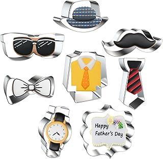 Father's Day Cookie Cutter Set 8-Piece Bow Tie, Mustache, Necktie, Formal Hat, Blazer, Glasses/Sunglasses, Watch and Plaque Frame Shapes Molds Personalized Gift for Men DAD Father Husband Boyfriend