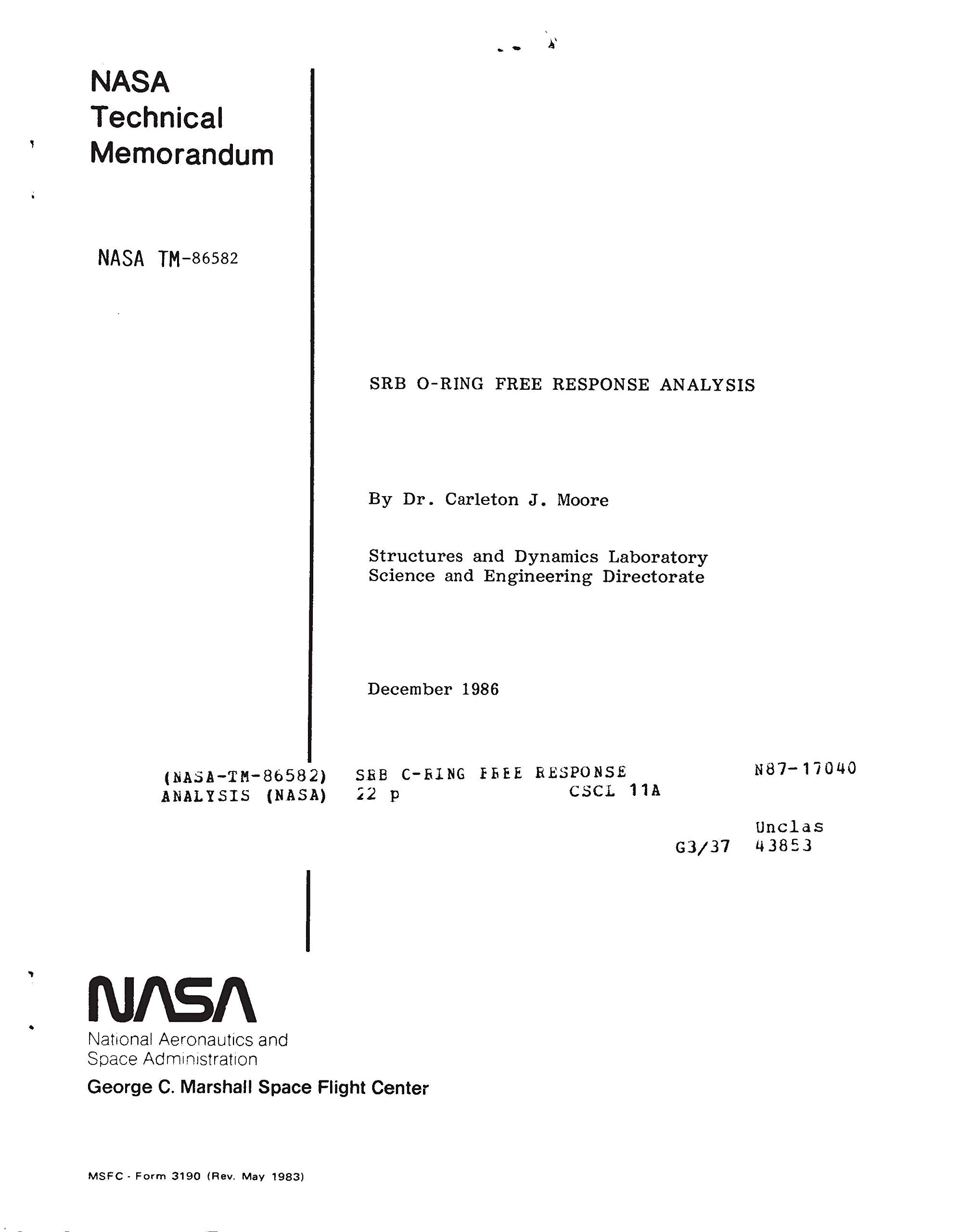 SRB O-ring free response analysis
