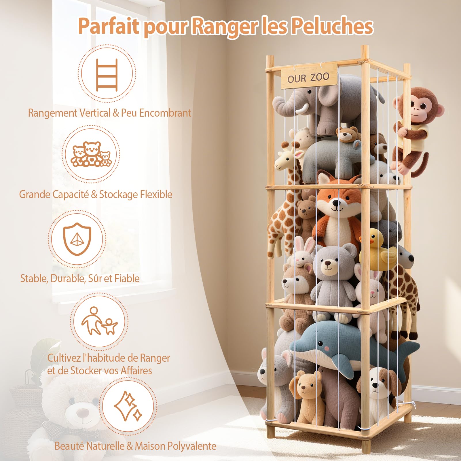 Rangement Peluche de Enfant, Range Peluche en Bois Gain de Place,Grande Capacité,136*40*40CM Plush Storage Tower Rangement Jouet Enfant pour Chambre à Enfants, Salle de Jeu, Chambre à Coucher‌, Salon