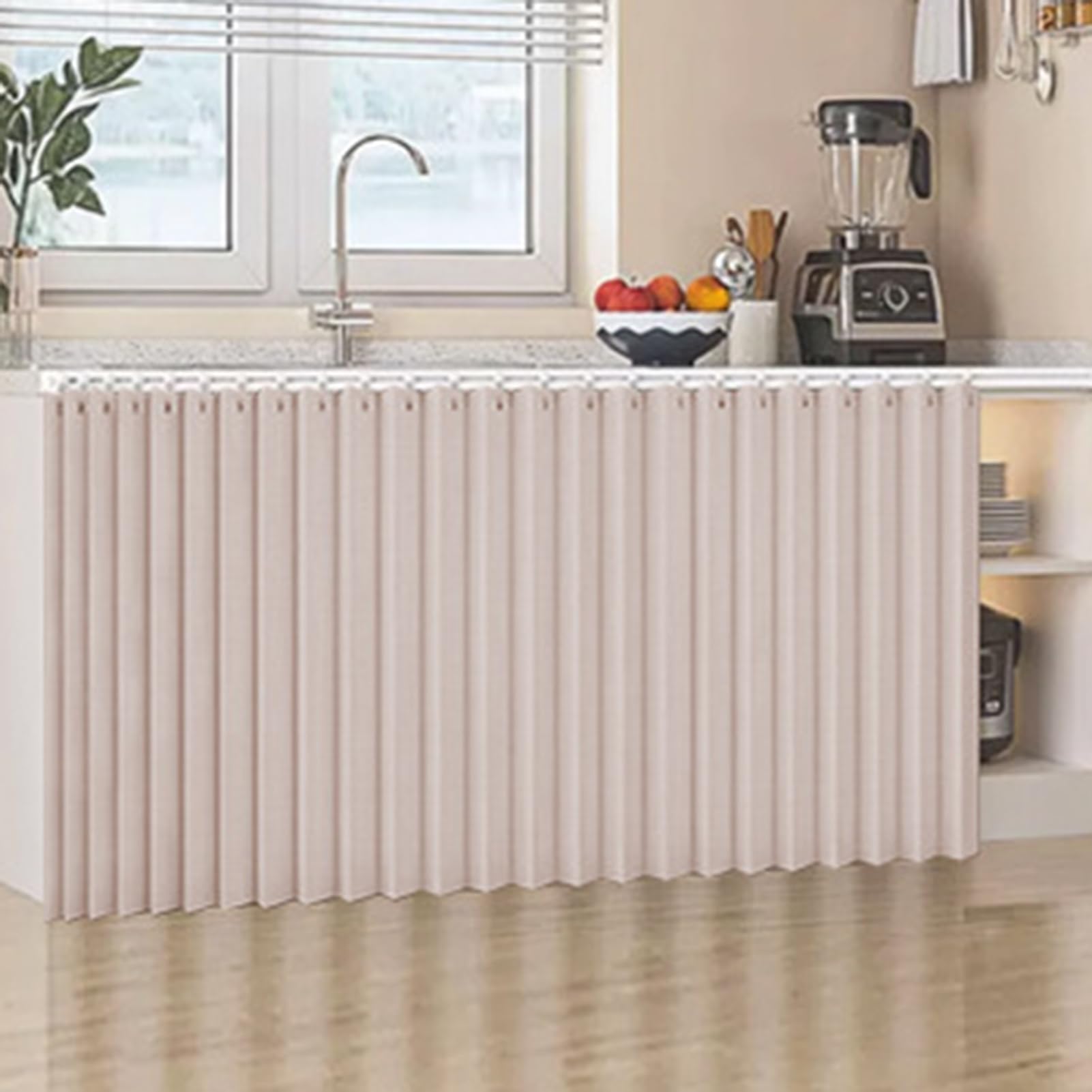 Dustproof Curtains for Open Shelves Linen Material Waterproof Sliding Wardrobe Curtain Kitchen Wardrobe Curtain Self-Adhesive with Sliding Rail, Curtain Shade,Khaki,W80cm/H150cm