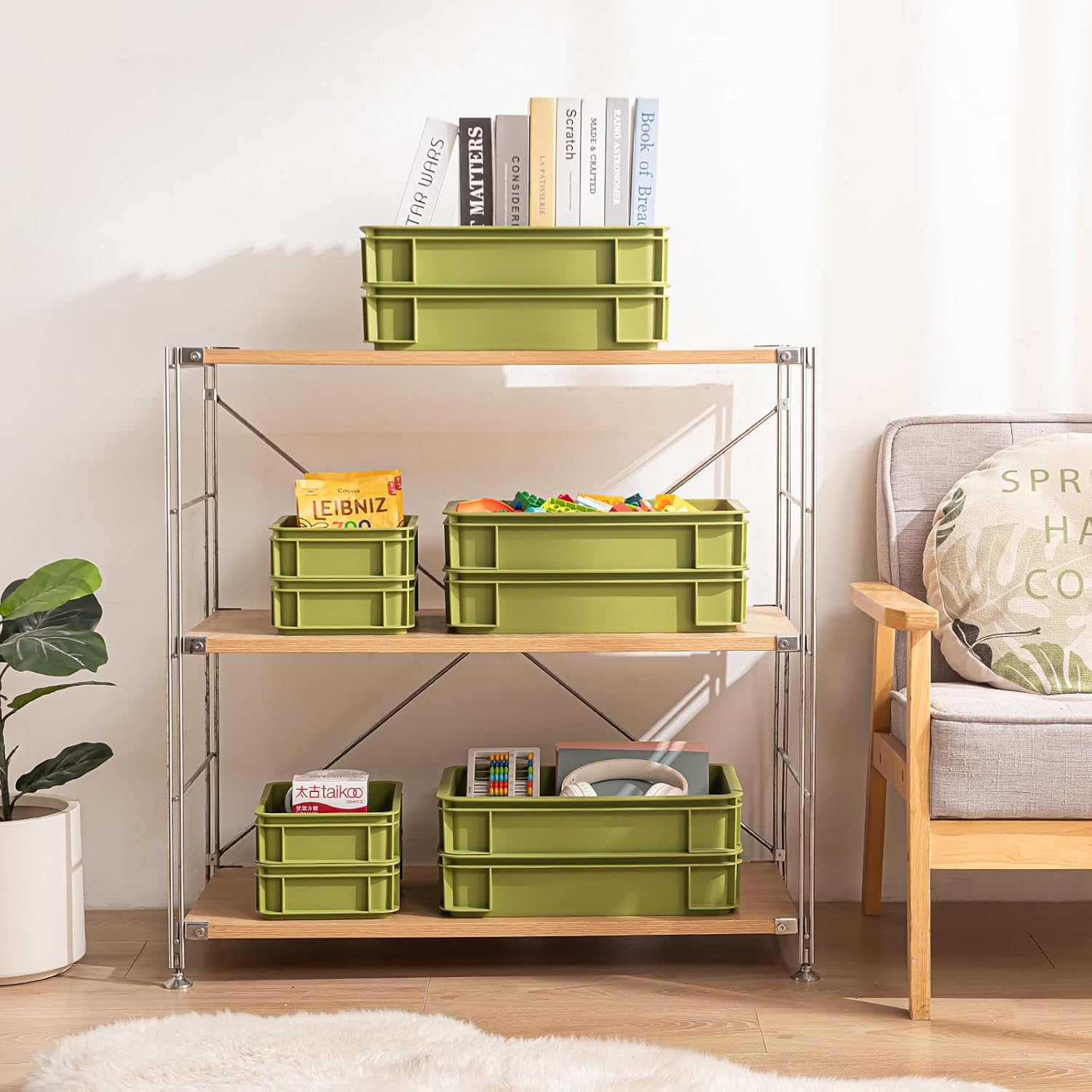 Plastic Industrial Storage Bin, Multi-Purpose Organizer Tote for Bathroom, Kitchen, Home, Office, Undersink, Camping, Stackable Utility Container (Green, 6 Pack Large)