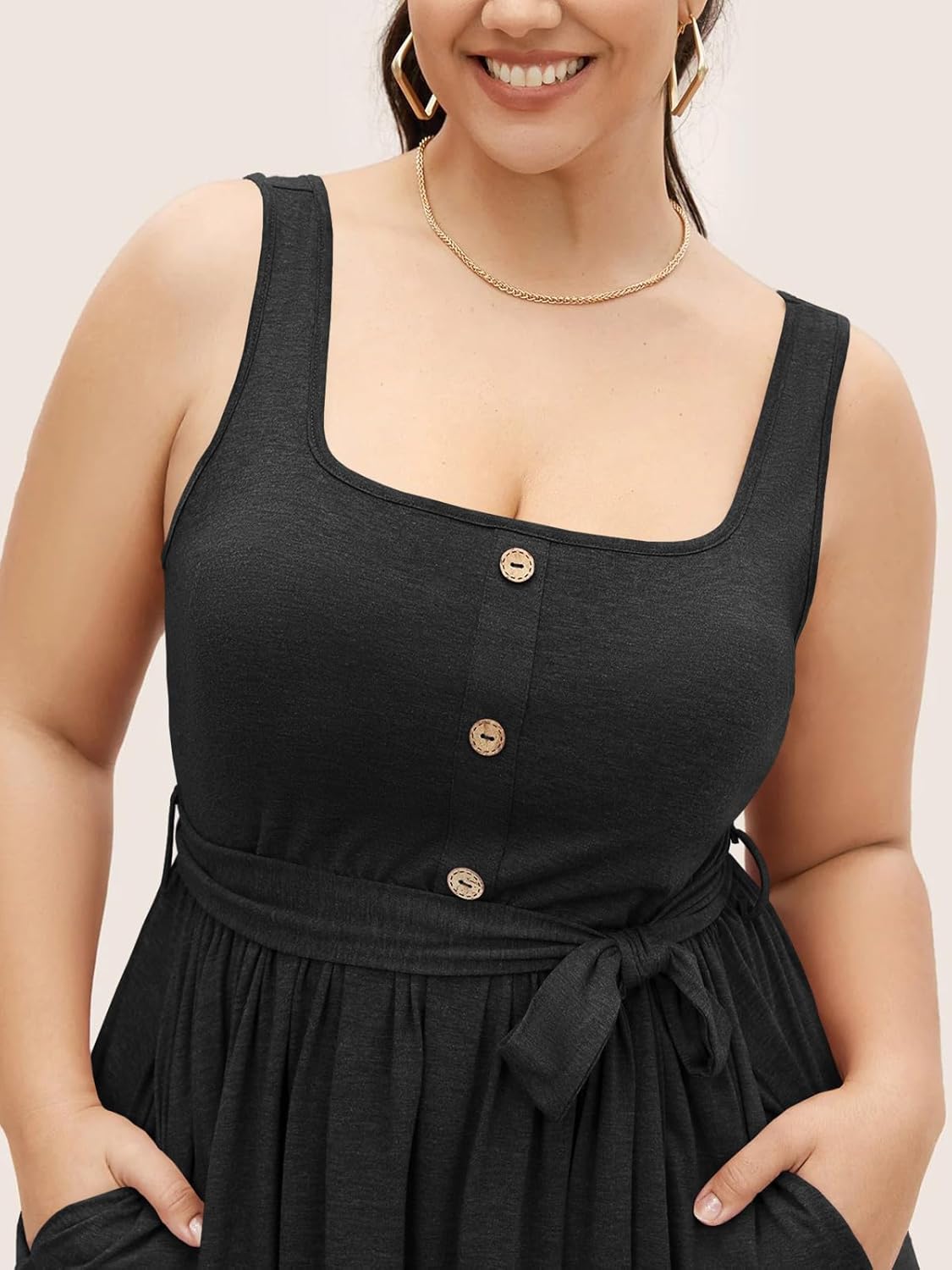 Beautife Women's Plus Size Summer Midi Dress Sleeveless A-Line Square Neck Pleated Belted Tank Dress - Image 2