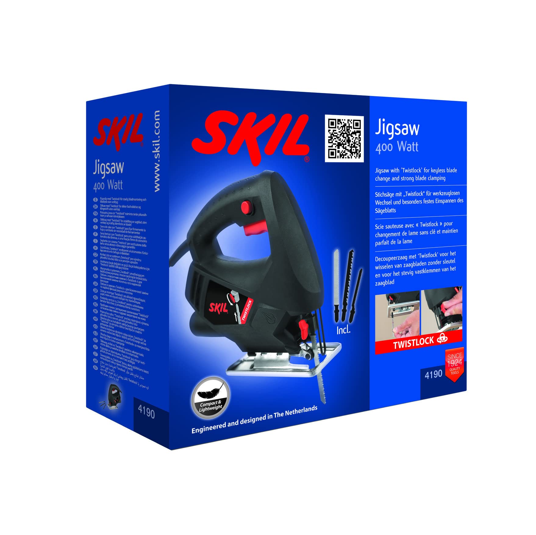 SKIL 4190 AA wyrzynarka (silnik 400 W, głębokość cięcia 65 mm, dostarczana z 3 brzeszczotami do drewna, do cięcia prostych i zakrzywionych) F0154190AA