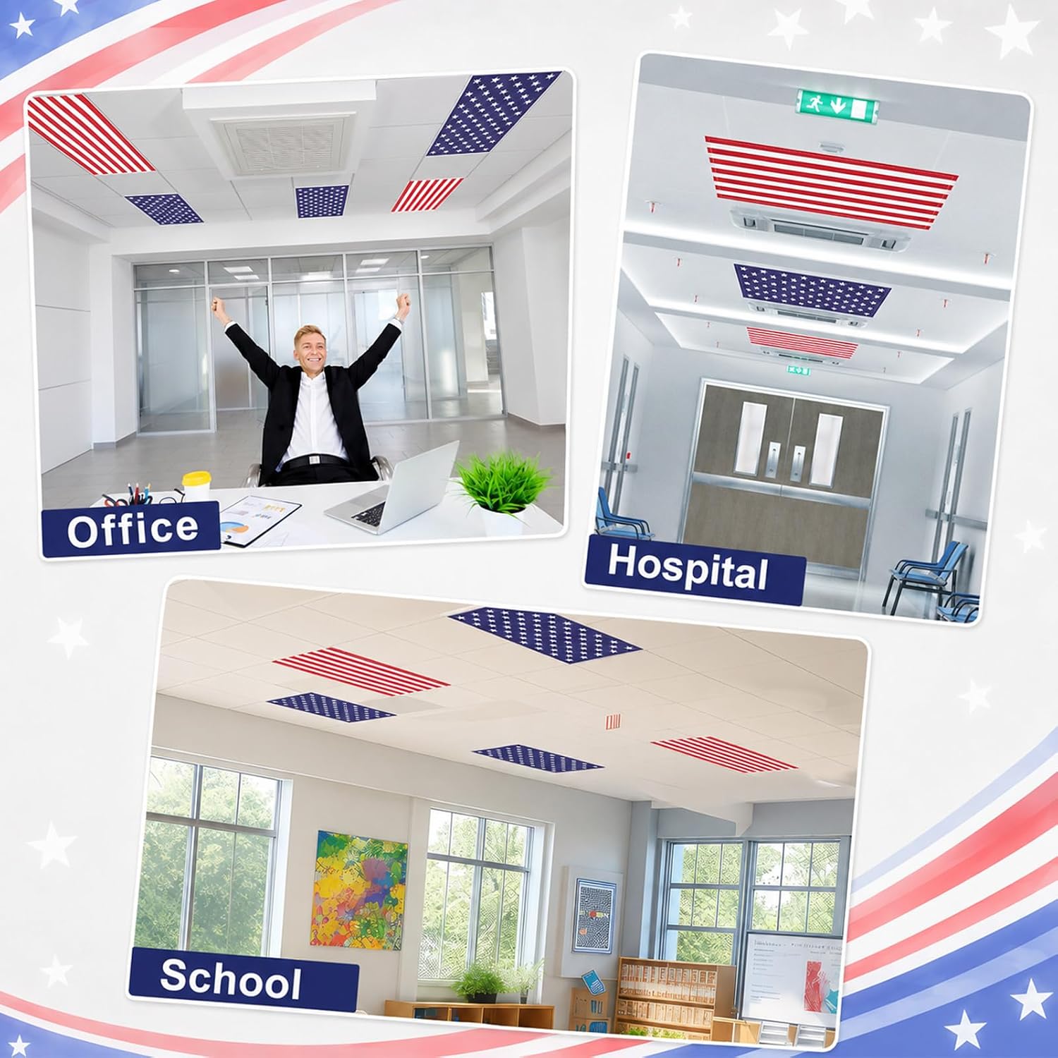 8 Pcs Fluorescent Light Covers for Classroom Ceiling Light 4 x 2 Ft Decorative Magnetic Lights Cover Filters Easy Install for School Office Home Hospital Ceiling Supplies (Independence Day USA Flag)