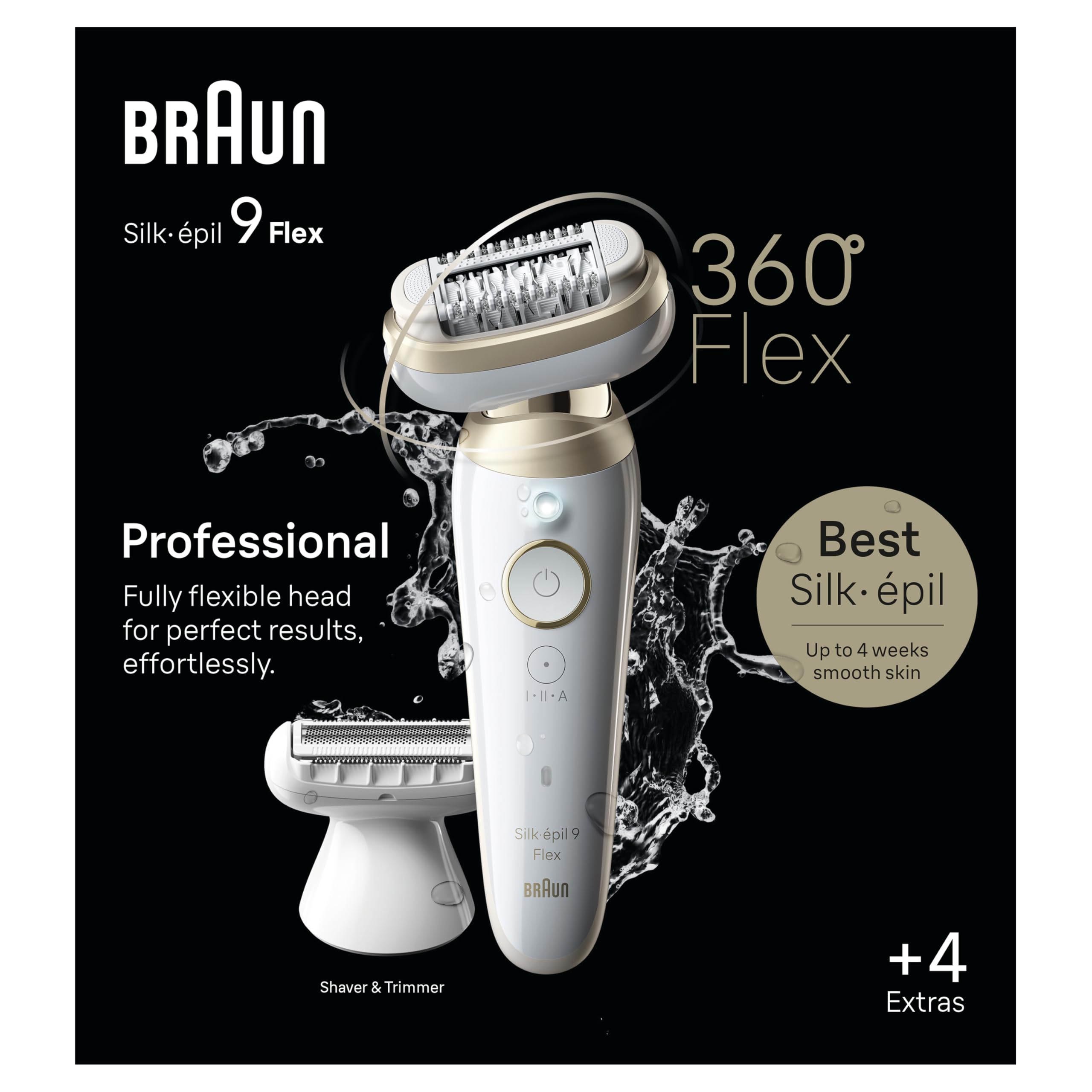 Braun Silk-épil 9 Flex Epilator, 360 Flex and Pivoting Head, Wet and Dry, Includes Shaver Head, Trimmer Comb, SES9-041 3D, Tinted Gold, Holiday Gifts for Women