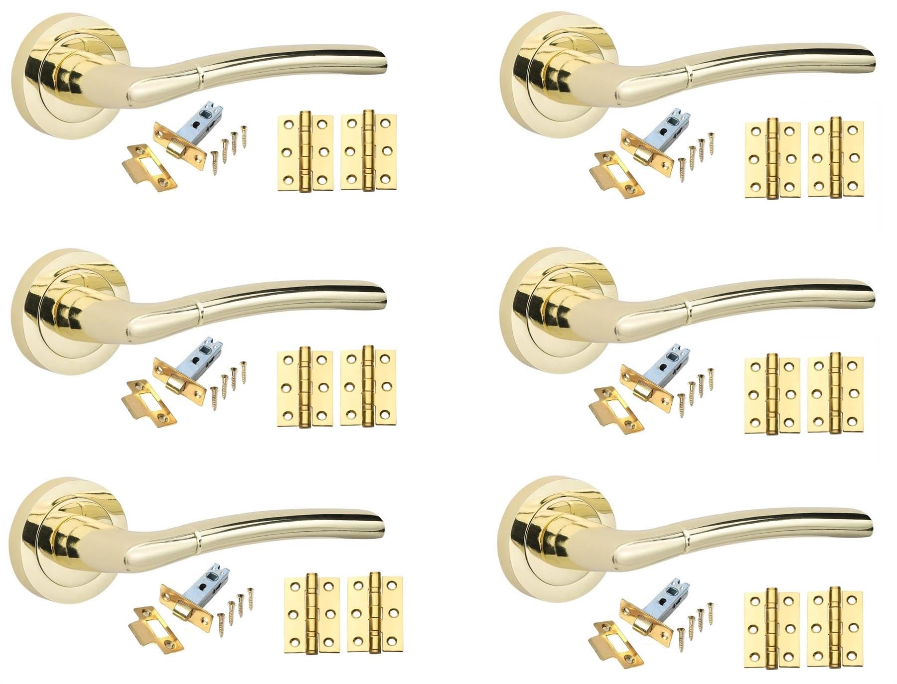 Golden Grace Indiana Design Door Handles in Polished Brass Finish with Tubular Latch & 1 Pair of 3" Ball Bearing Hinges - 6 Sets