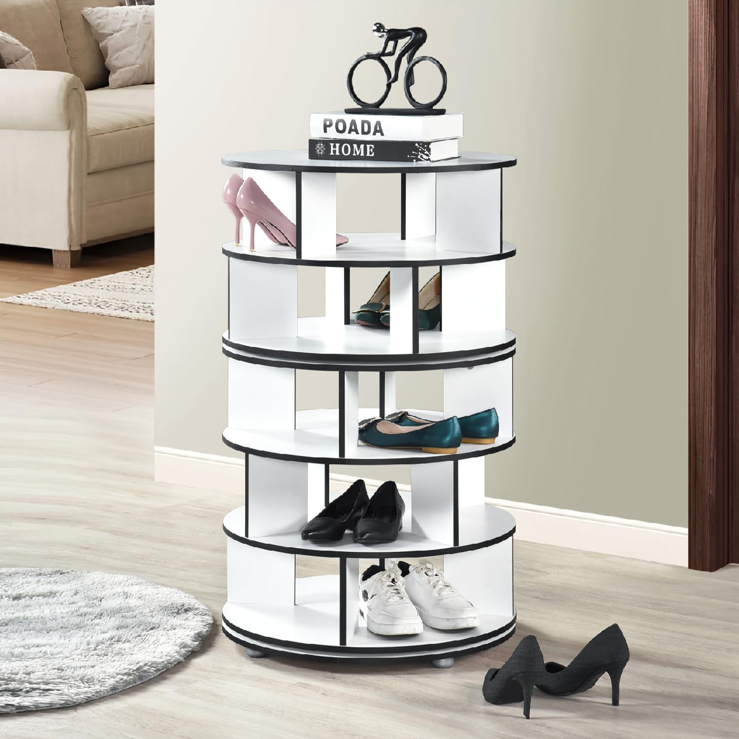 Kings Brand Furniture Cassidy Revolving Shoe Rack, Spinning Shoe Rack Tower, 360° Revolving Shoe Storage Organizer for Closet Entryway Bedroom Hallway (White, 4-Tier)