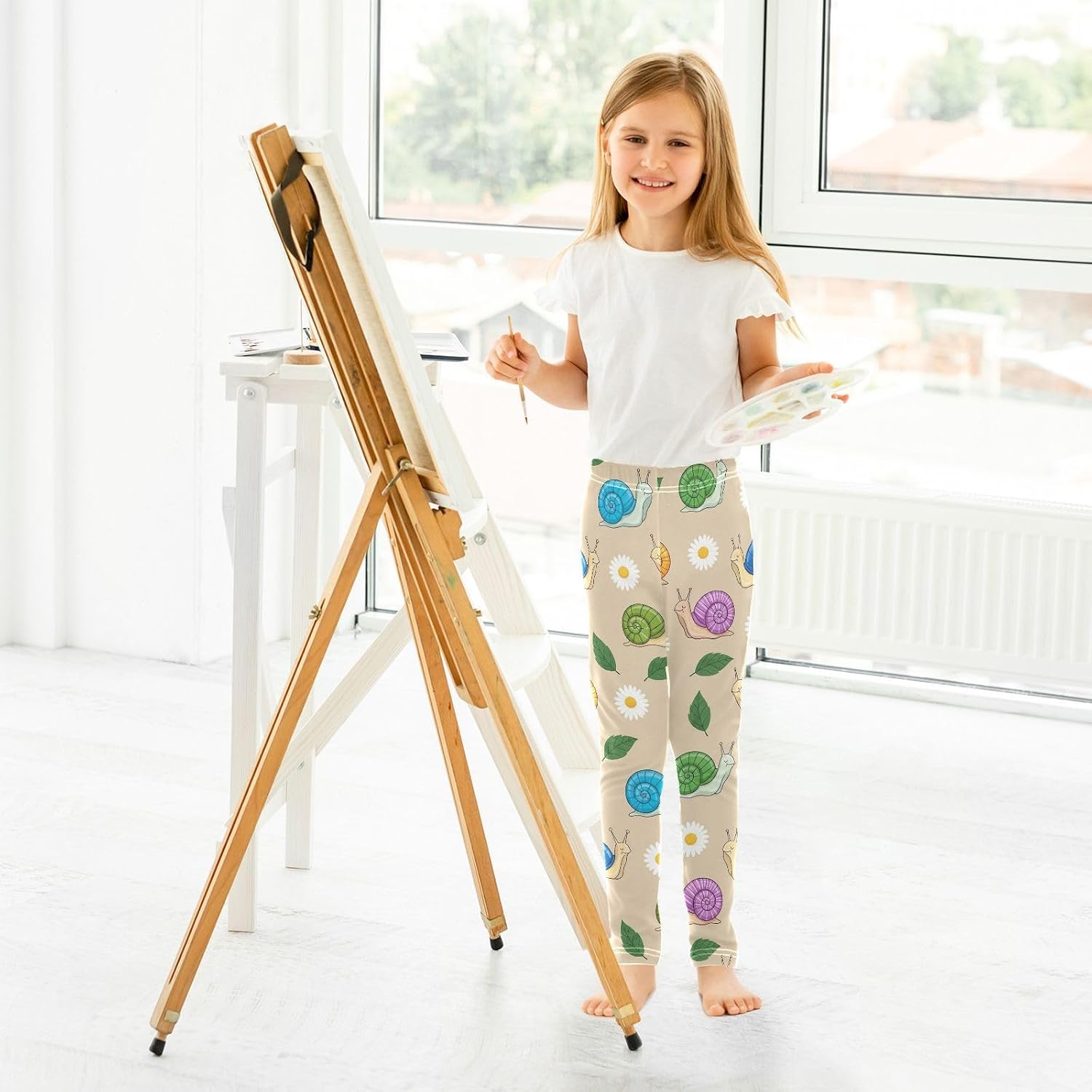 Stretch Leggings for Girls Colorful Snails Beige