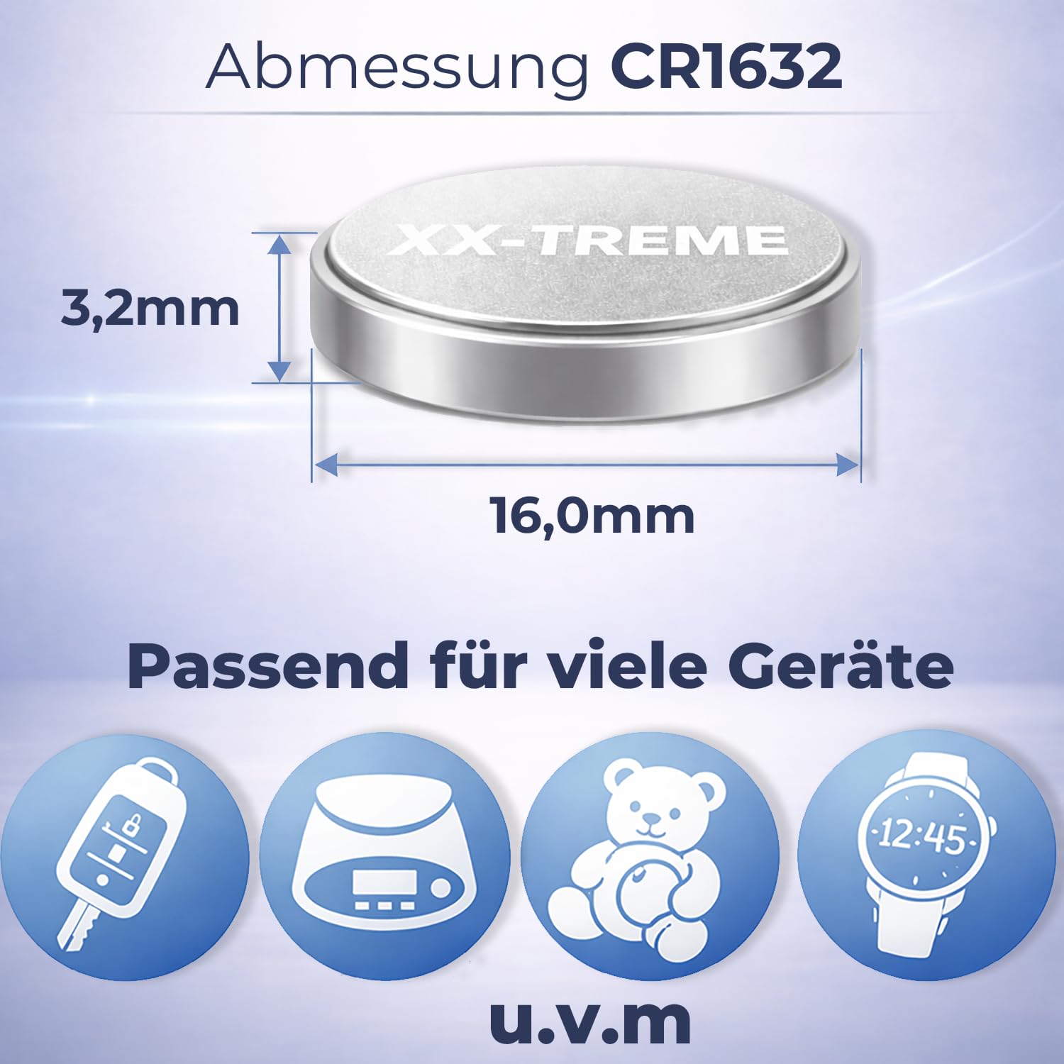 XX-TREME CR1632 Batterie 3V Lithium Knopfzelle – 100 Stück – CR 1632 für Autoschlüssel, Fernbedienung, Waage, Taschenrechner
