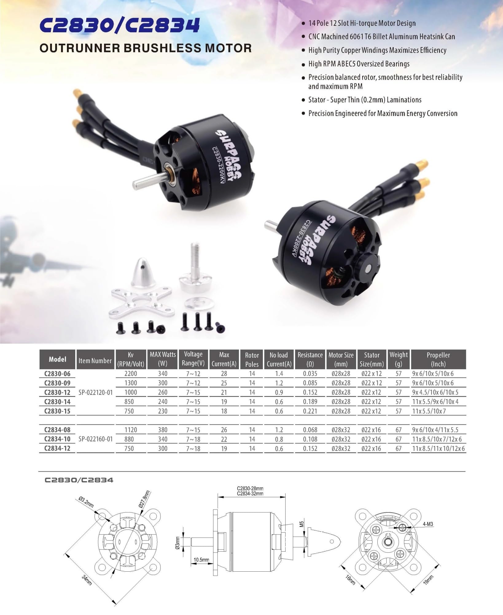 Motore Brushless C2822-C5056 per Drone Quadricottero RC FPV Alta Efficienza | Motore outrunner bilanciato, cuscinetti ABEC5, rame puro, KV 335-1900, leggero e robusto(C2830 850KV)