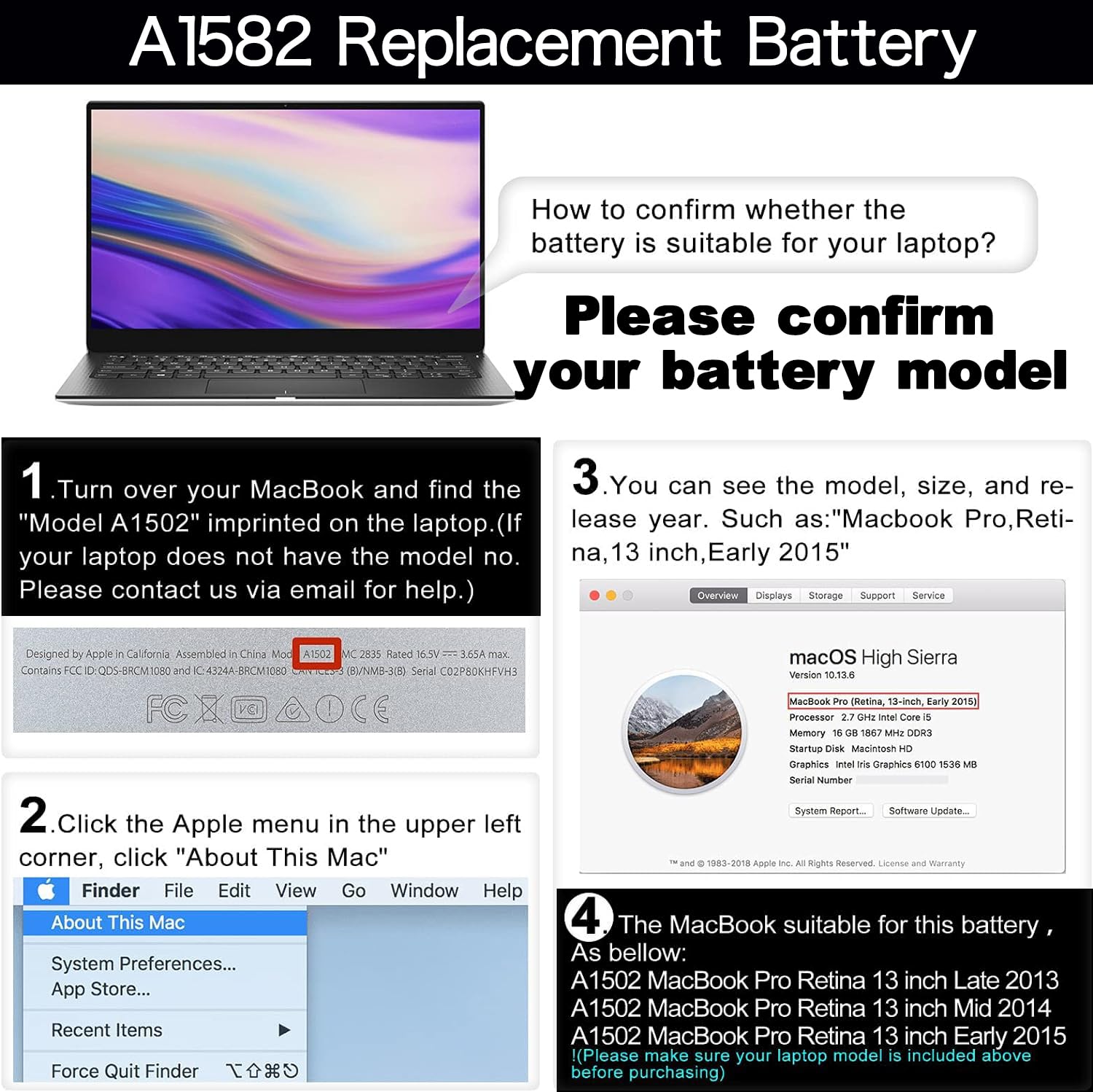 VIFANIV A1582 A1502 Replacement Battery A1502 for MacBook Pro 13 inch Retina?Early 2015, Mid 2014, Late 2013? A1493 - High-Performance and Longevity?74.9Wh 12Months Warranty?