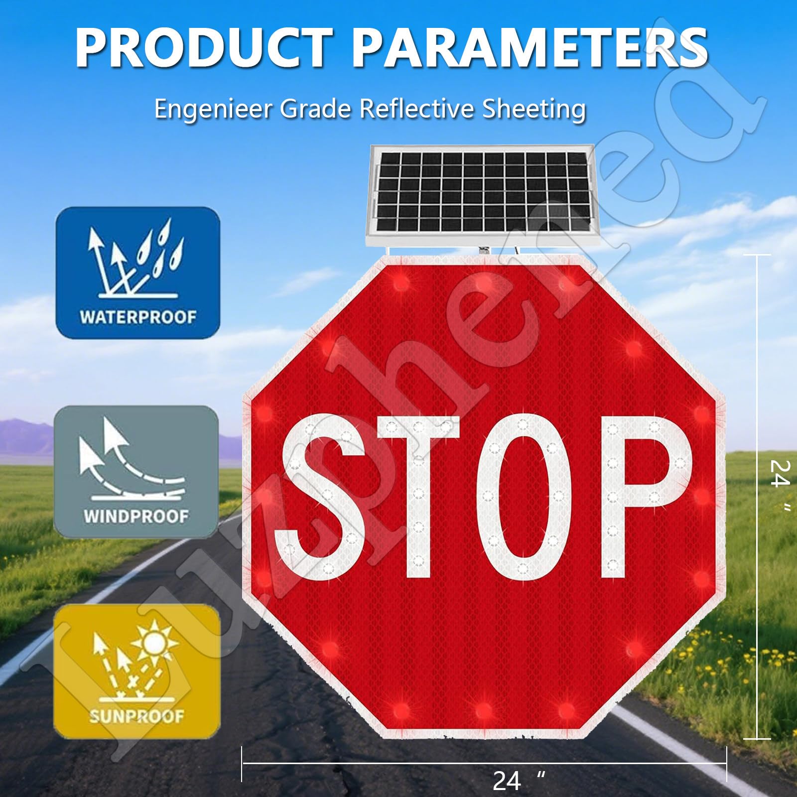 Señal de stop LED con energía solar con película reflectante de grado industrial, señal de tráfico intermitente roja, señales de carretera octagonales de aluminio pesado, resistente al agua IP65 30''