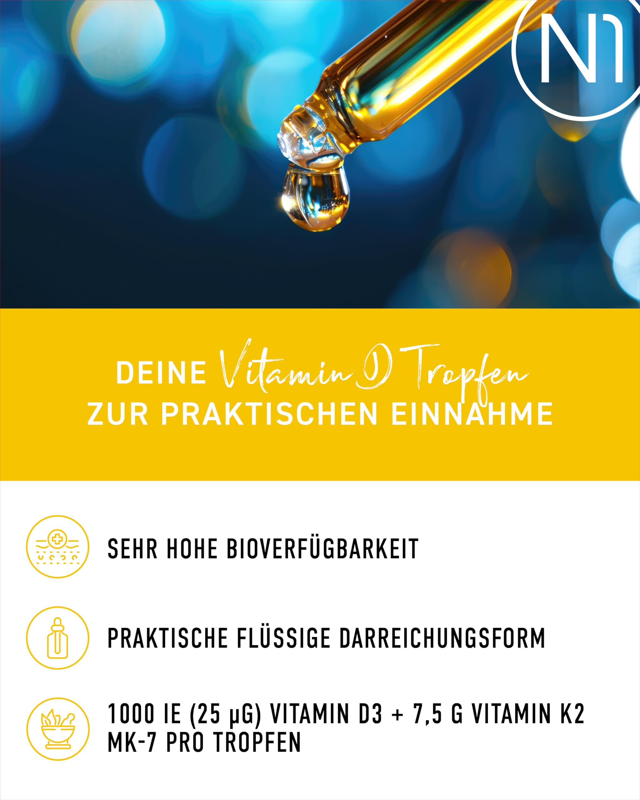 N1 Vitamin D3 K2 Tropfen 5x20ml - Hochdosiert & Optimal Dosiert | Premium mit 99,7% All-Trans K2VITAL von Kappa und bioverfügbarem D3 - für Knochen, Zähne und Immunsystem, ohne Zusätze