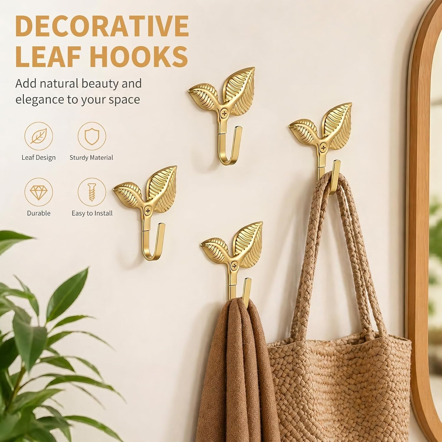 Decorative Wall Hooks Gold Leaf-Shaped, Iron Decorative Coat Hook Wall Mounted for Hanging Coat Towels Clothes Hat Bags Keys (Gold, 4 Pack)