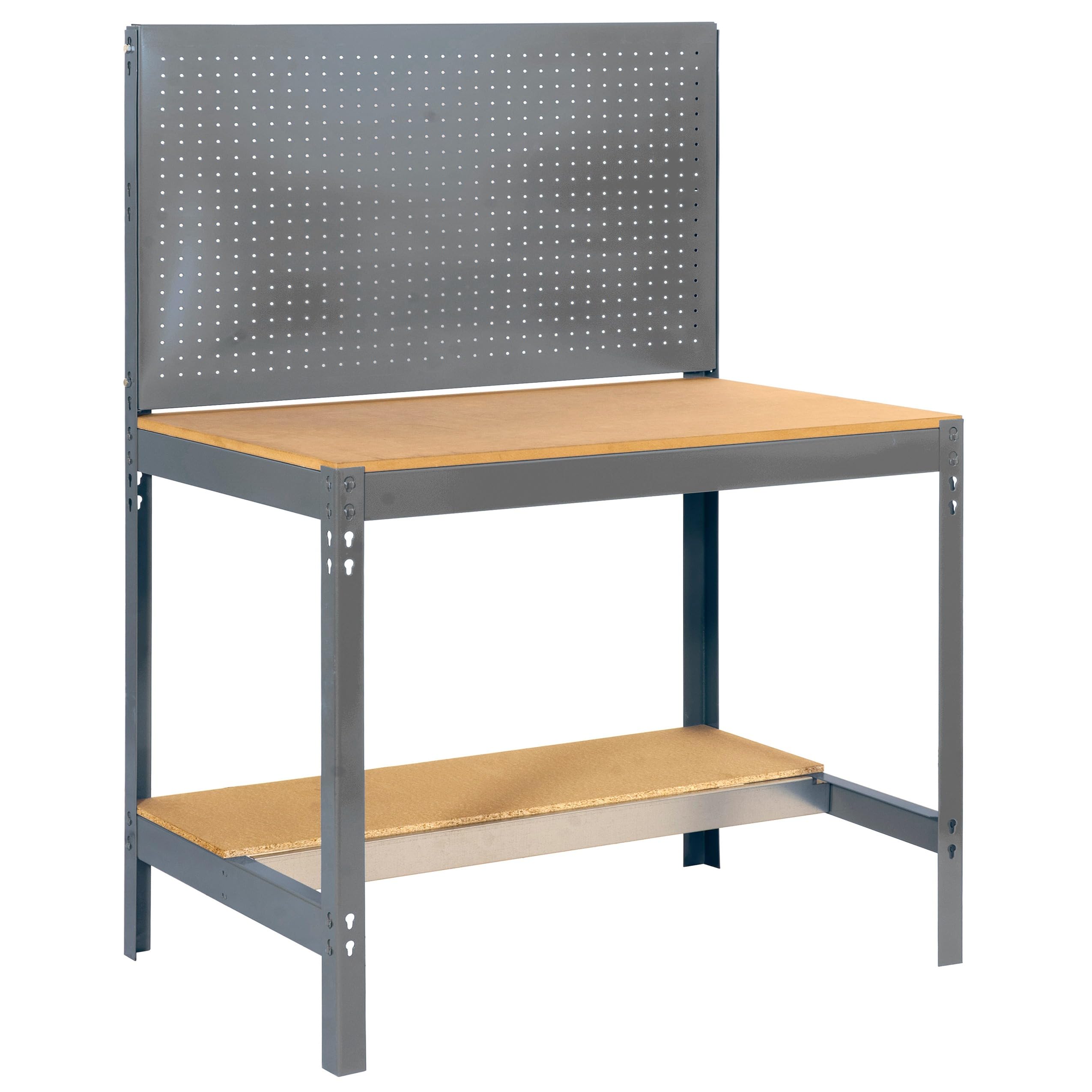 SimonRack Werkbank 400 kg Belastbarkeit, 144,5x91x61 cm, Große Arbeitsfläche Arbeitsfläche, Arbeitstisch, Holz-Arbeitsplatte, Grau/Holz - BT2 | Holzplatte 16 mm, Tragfähigkeit 400 kg, Korrosionsschutzlackierung, Klicksystem-Montage, Grau