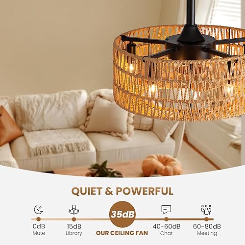 Miniatura 3 de Ventilador de techo bohemio enjaulado con luz, ventilador de techo de ratán de 18 pulgadas con luz, candelabro bohemio, lámpara de granja de bajo