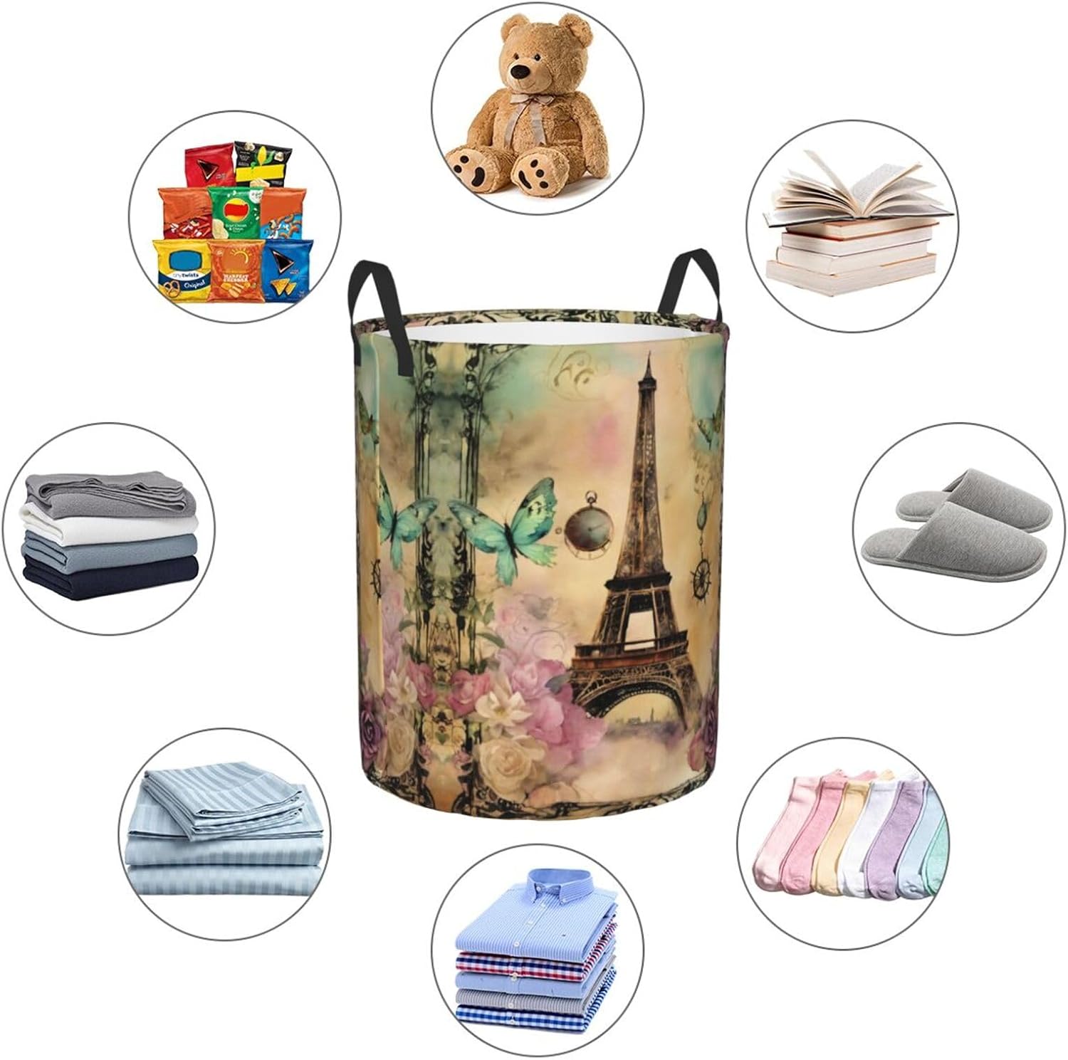 Paris Eiffel Tower Dirty Clothes Basket,Oxford Cloth Washing Basket For Clothes Storage Organization