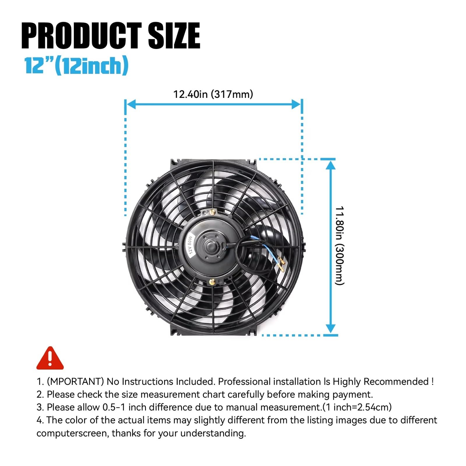 Motor Coche Radiador eléctrico Ventilador Refrigeración Motor Coche 12 Pulgadas Ventilador Refrigeración Motor Eléctrico Empuje Delgado Universal Coche 12V con Kit Montaje